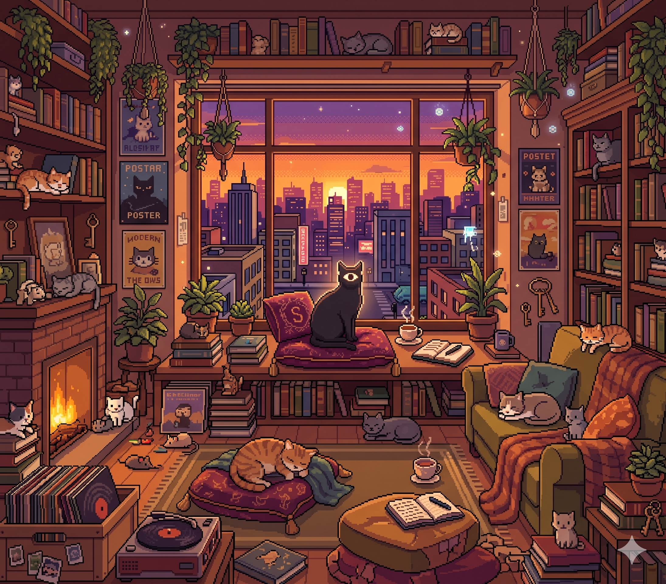 Pixel-art living room with cats and sunset